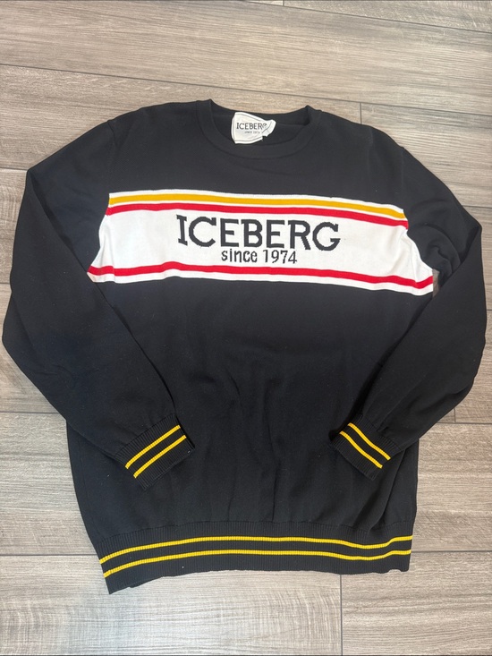 Iceberg Other - Iceberg Black Crewneck Sweater with White Logo Panel and Red & Yellow Stripes